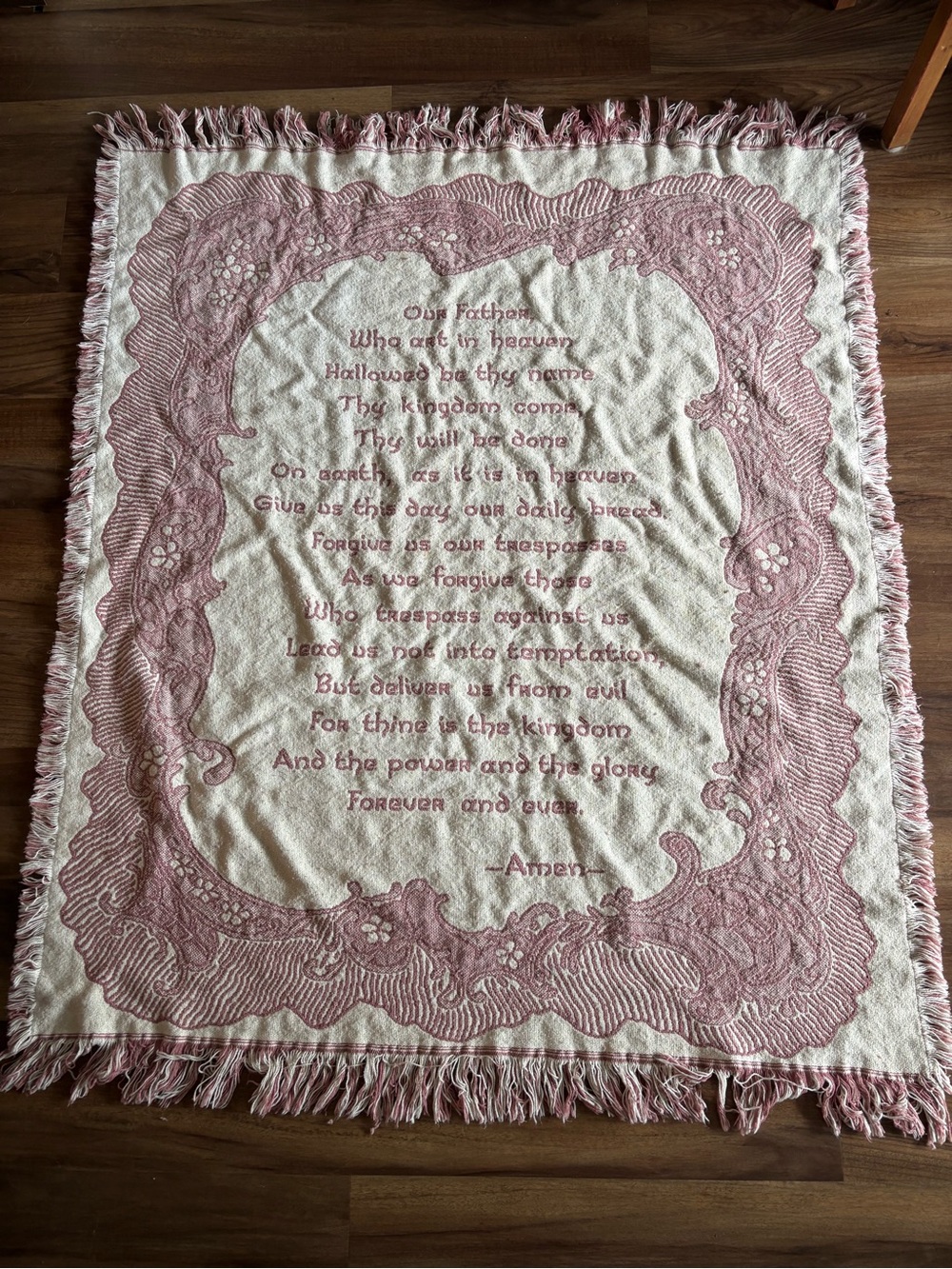 Vintage Fringe Throw Blanket Our Father Pink and White